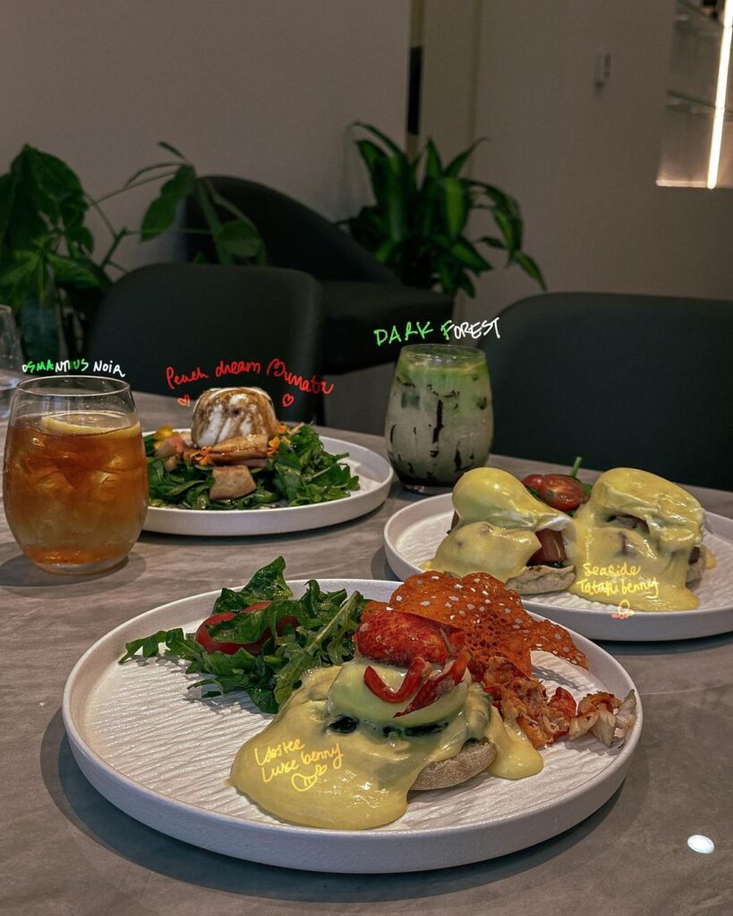 Picture of Cafe & Life Co. popular menu items: Dark Forest, Osmanthus Noir, Lobster luxe benny, peach dream burrata salad, and seaside tataki benny